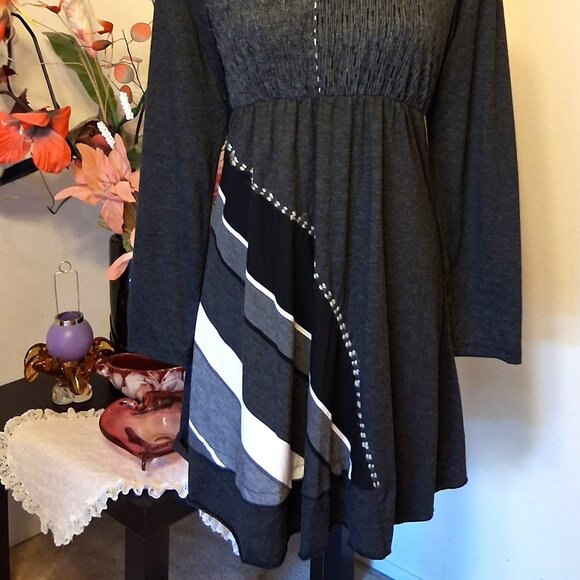 NWT Dolcezza  Women's Unique Designed Long Sleeve Scoop Neck Gray Midi Dress XL - Picture 9 of 9